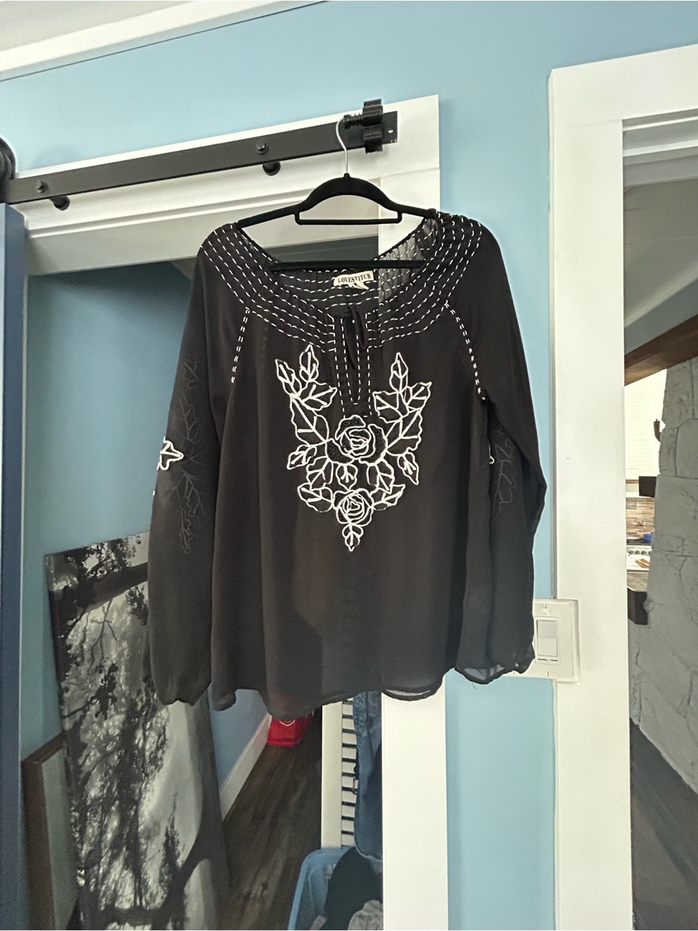 Love stitch black Embroidered Peasant Blouse -